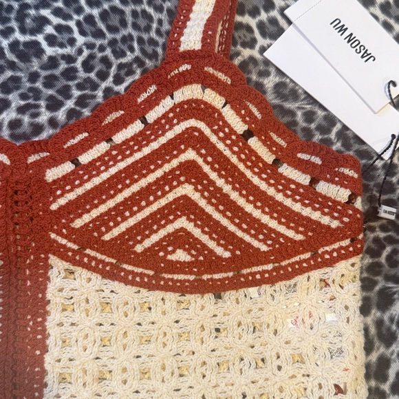 Jason Wu Rust And Cream Crochet Crop Top Striped Geometric Scallop Size 4 NWT - Picture 2 of 11
